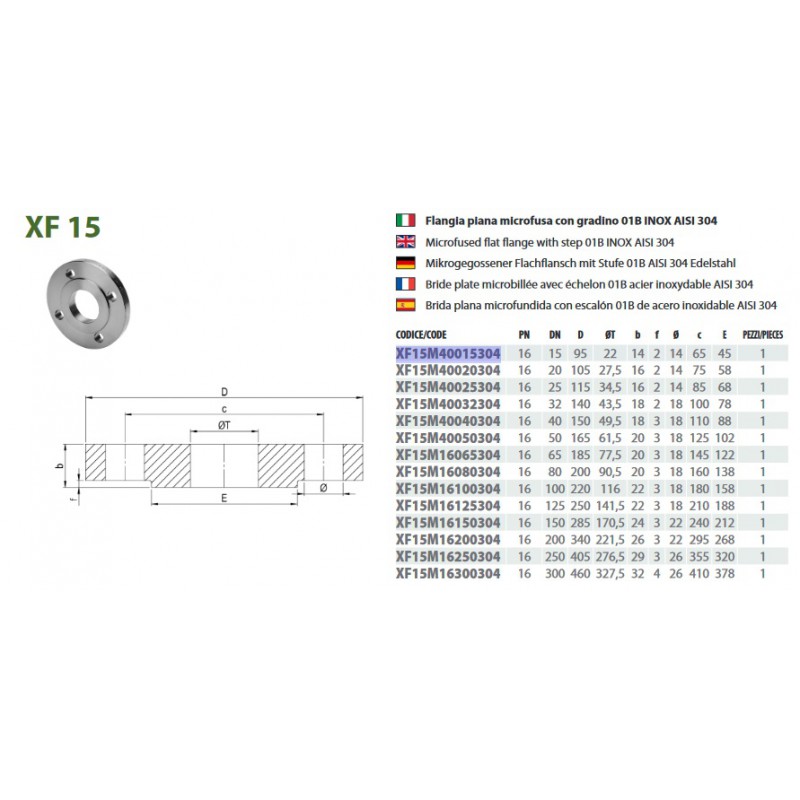 Flangia Piana Con Gradino 01B INOX AISI 304 PN16/40 Norma EN1092-1